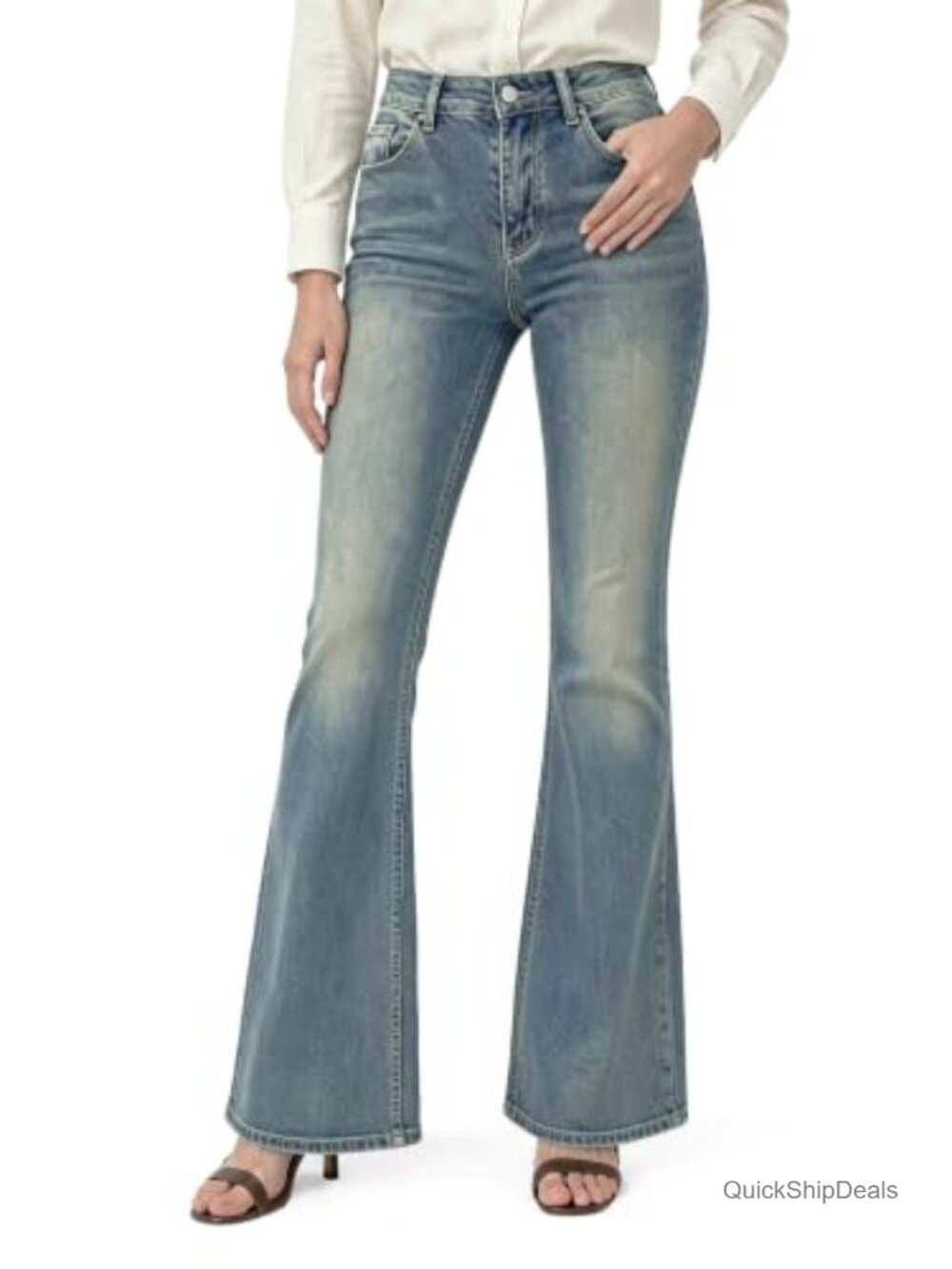 Embroidered Stretch Denim Flare Jeans Booty Lift Tummy Control